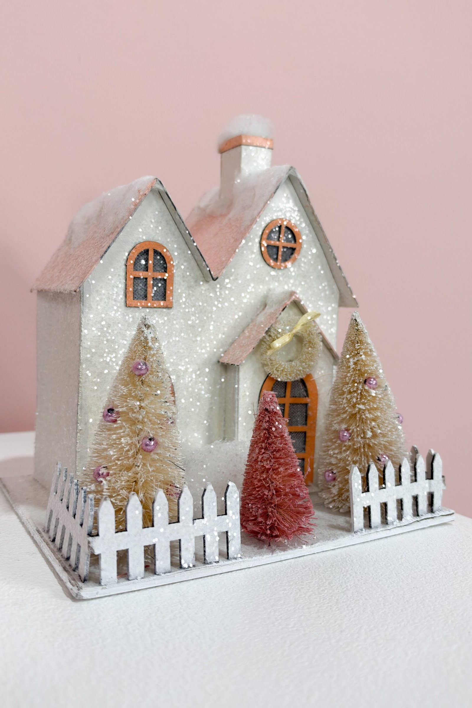 Paper House w/ Bottle Brush Trees & Glitter